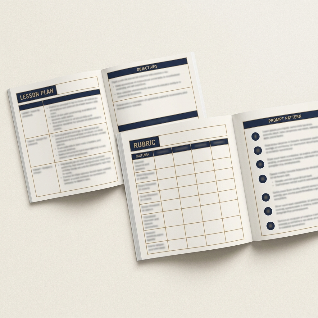 Inside the playbook — lesson plan, rubric and prompt-pattern page spreads