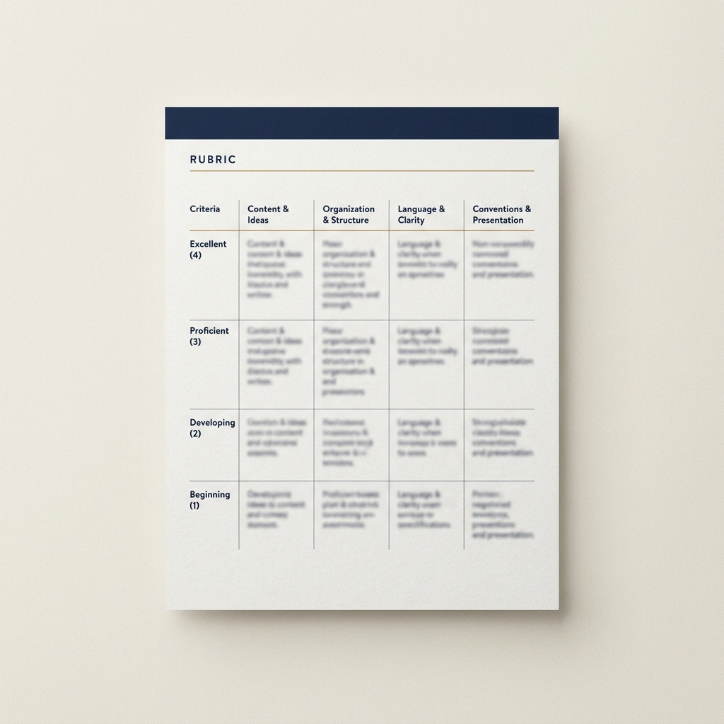 A finished, standards-aligned rubric — a copy-ready output from the playbook