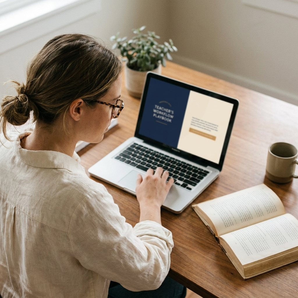 A teacher planning at home with the playbook open on a laptop